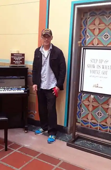 Veteran David Haave plays for his soldiers of friends LA CA Union Station Amtrak 2019 -- David Haave